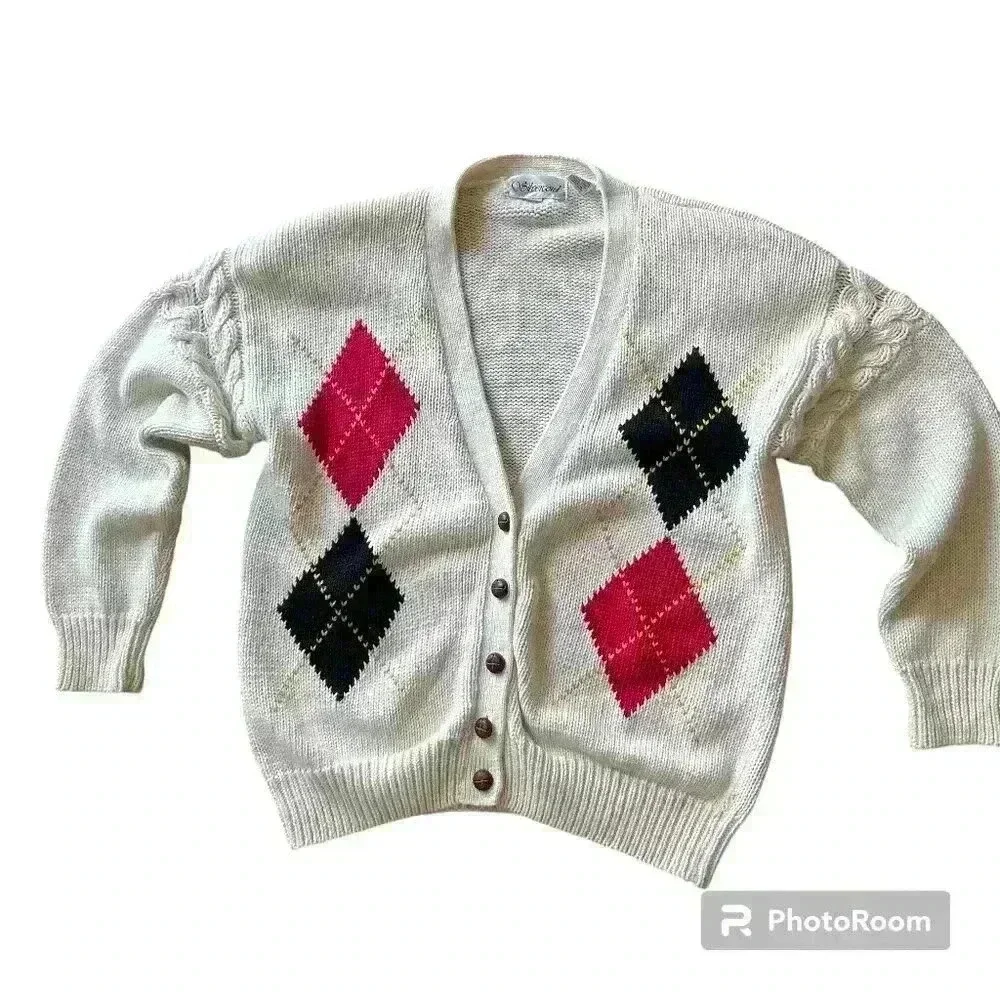 Vintage 90's Argyle Cardigan Sweater Shoulder Pads Country Club Prep size Large